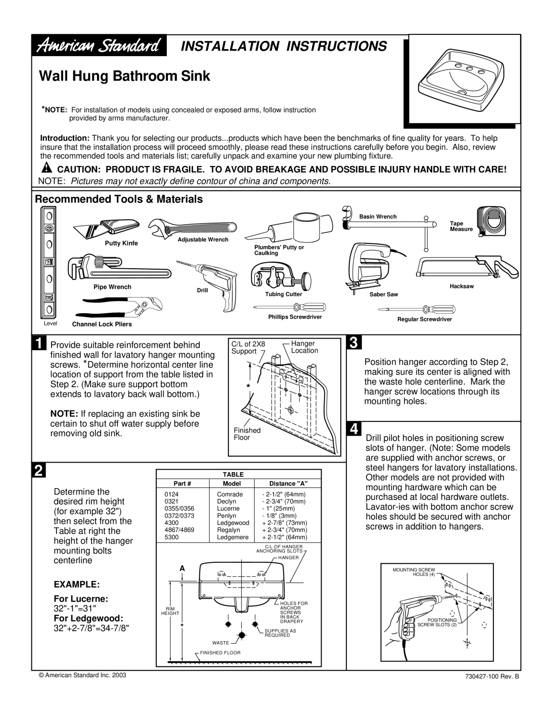 American Standard none installation instructions Wall Hung Bathroom Sink, Recommended Tools & Materials, Example 