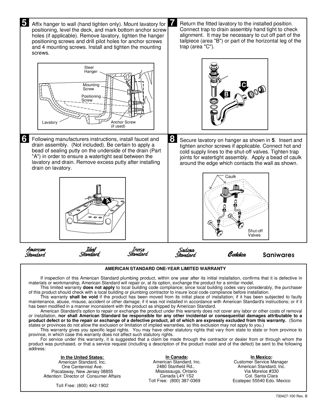 American Standard none installation instructions Saniwares, American Standard ONE-YEAR Limited Warranty, Canada Mexico 