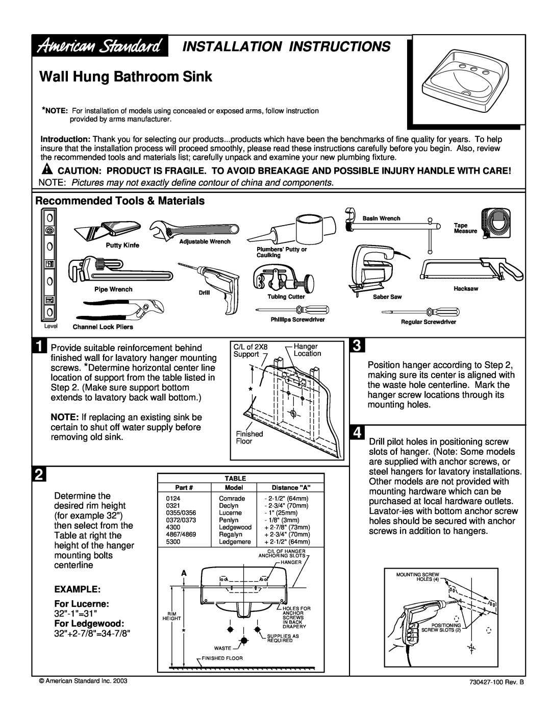 American Standard none installation instructions Wall Hung Bathroom Sink, Installation Instructions, For Lucerne 