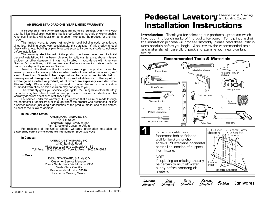 American Standard Plumbing Product installation instructions American Standard ONE-YEAR Limited Warranty, United States 