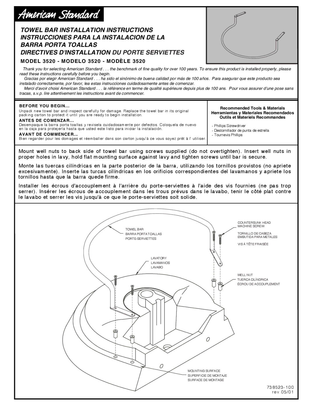 American Standard Plumbing Product installation instructions Before YOU Begin, Antes DE Comenzar, Avant DE Commencer 