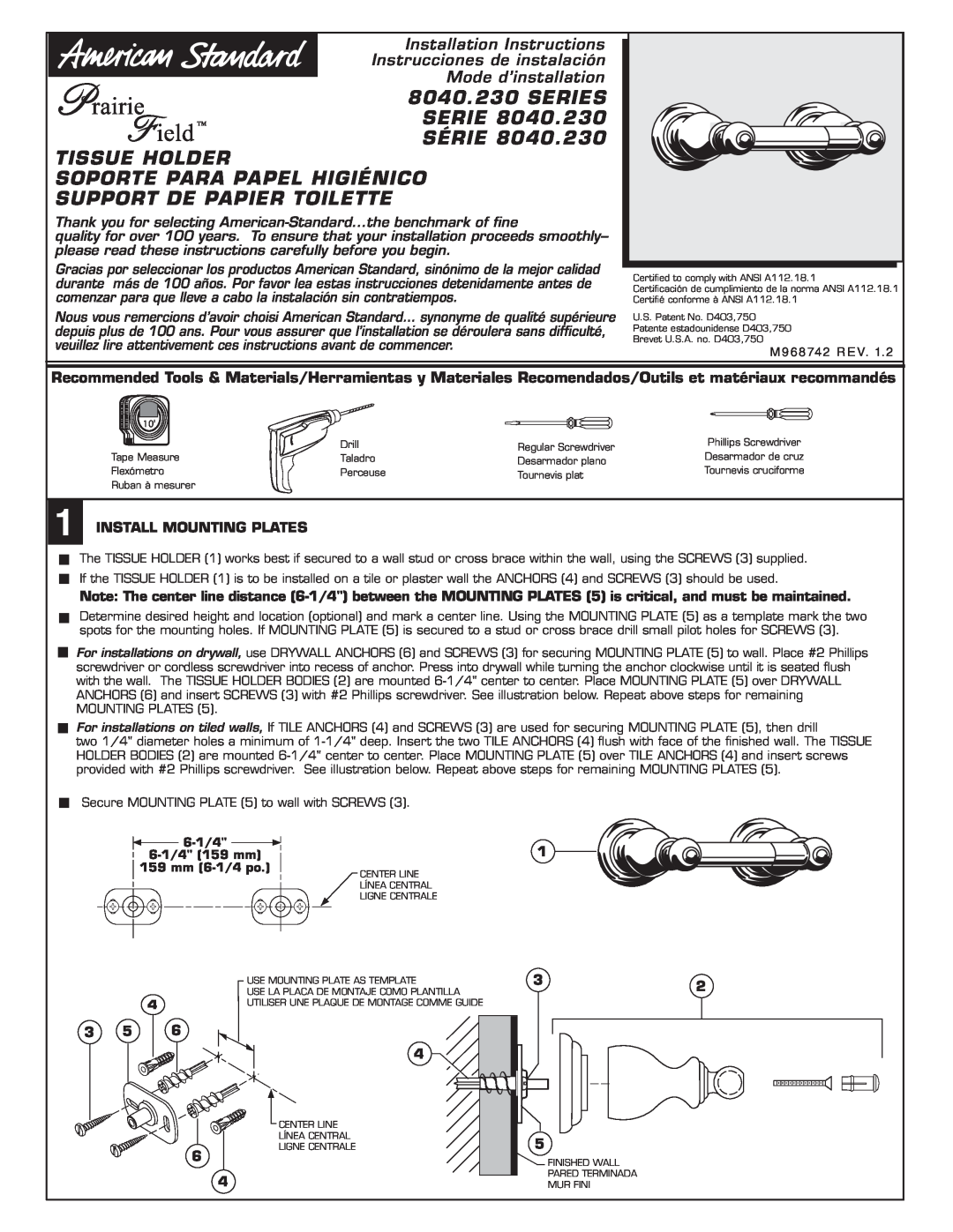 American Standard Prarie Field Tissue Holder installation instructions Install Mounting Plates, Mode d’installation 
