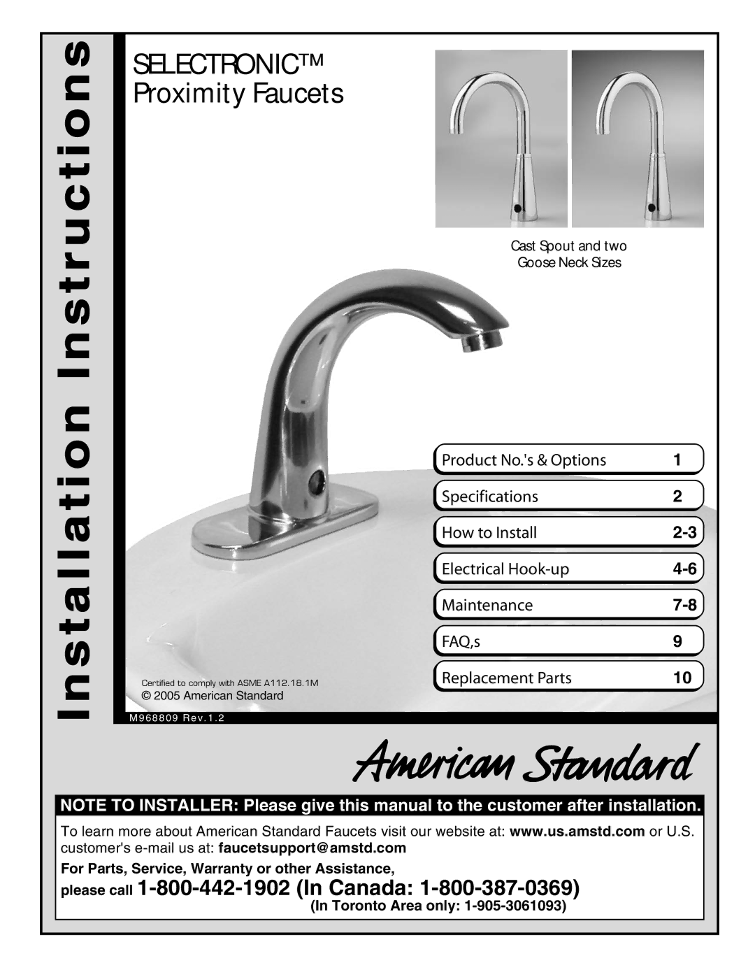 American Standard installation instructions Selectronic Proximity Faucets 