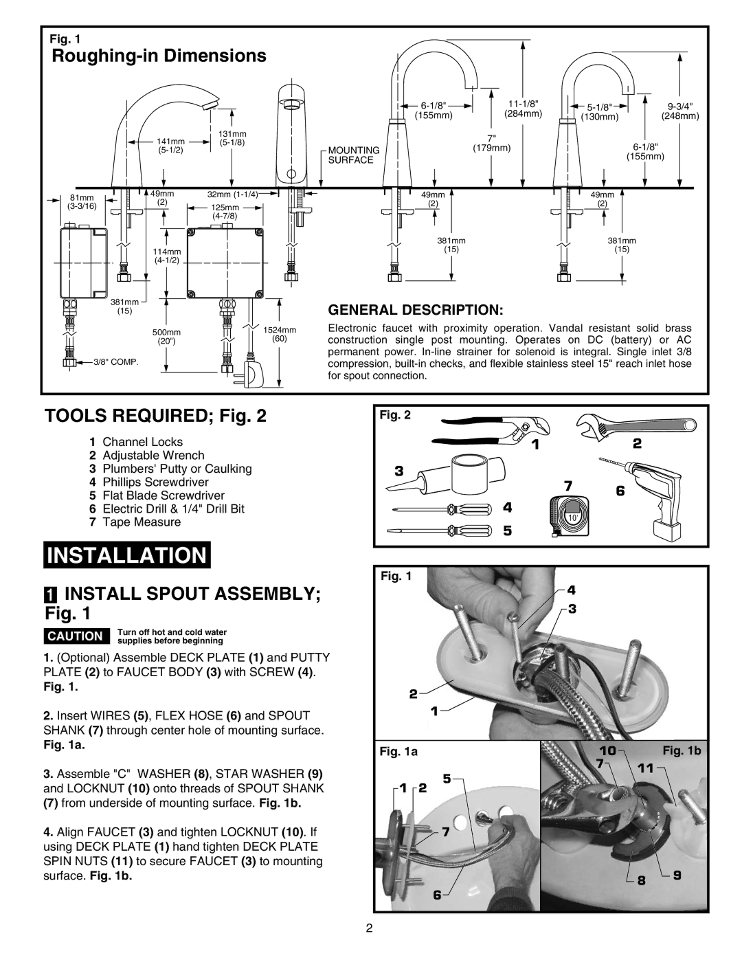 American Standard Proximity Faucet Installation, Roughing-in Dimensions, Tools Required Fig, Install Spout Assembly Fig 