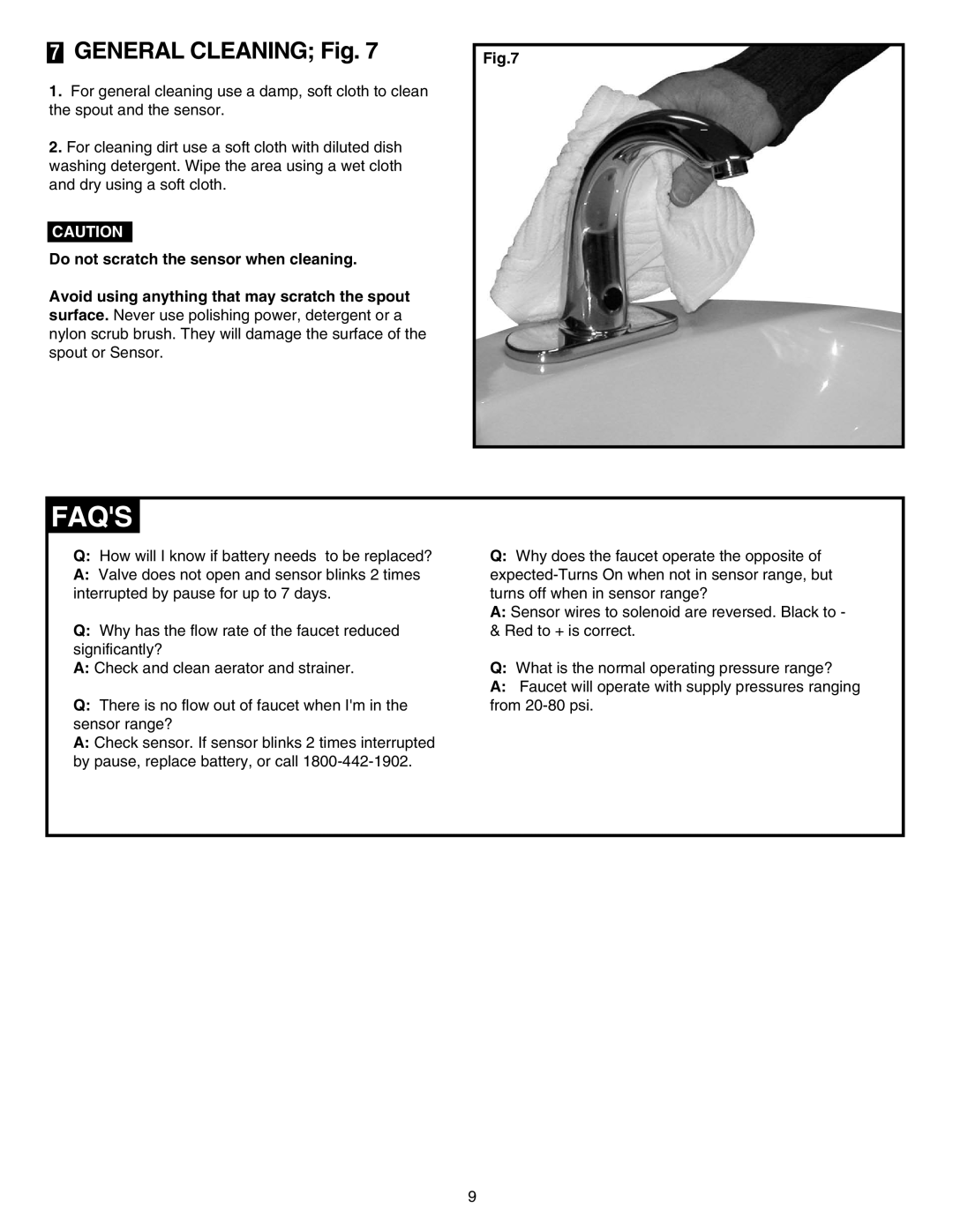 American Standard Proximity Faucet Faqs, GENERAL CLEANING Fig, Do not scratch the sensor when cleaning 