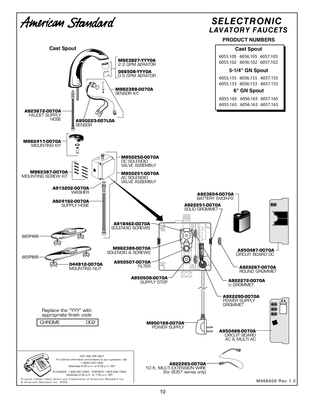 American Standard Proximity Faucet Selectronic, Lavatory Faucets, PRODUCT NUMBERS Cast Spout, 5-1/4GN Spout, 6055.105 
