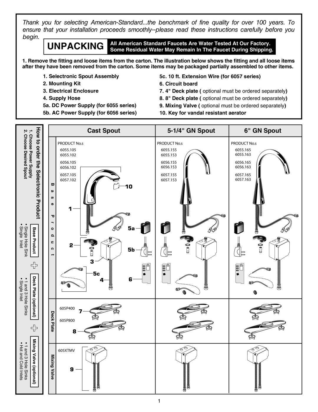 American Standard Proximity Faucet Unpacking, Cast Spout, 5-1/4GN Spout, Selectronic Spout Assembly, Mounting Kit, Product 