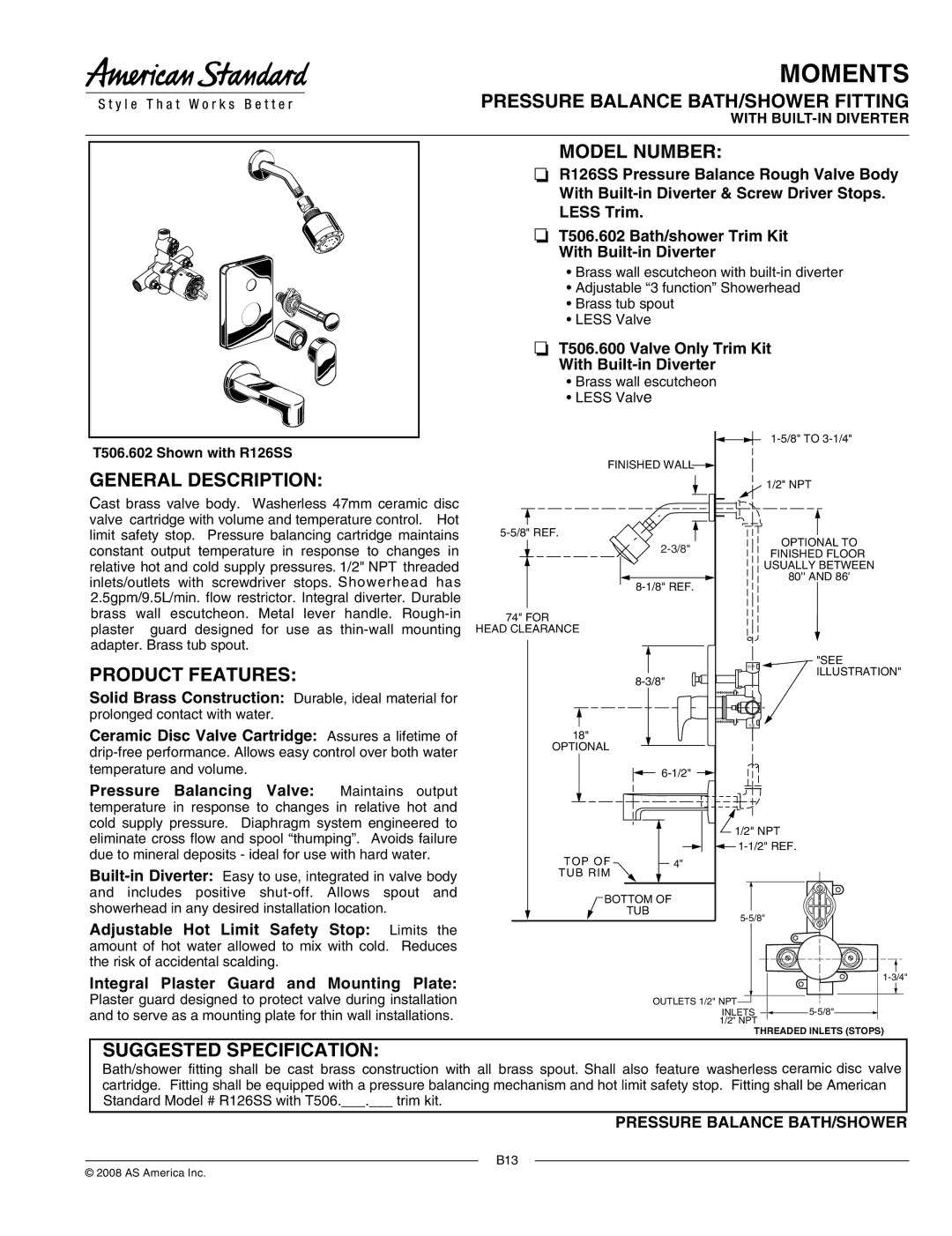 American Standard R126SS manual Pressure Balance BATH/SHOWER Fitting, Model Number, General Description, Product Features 