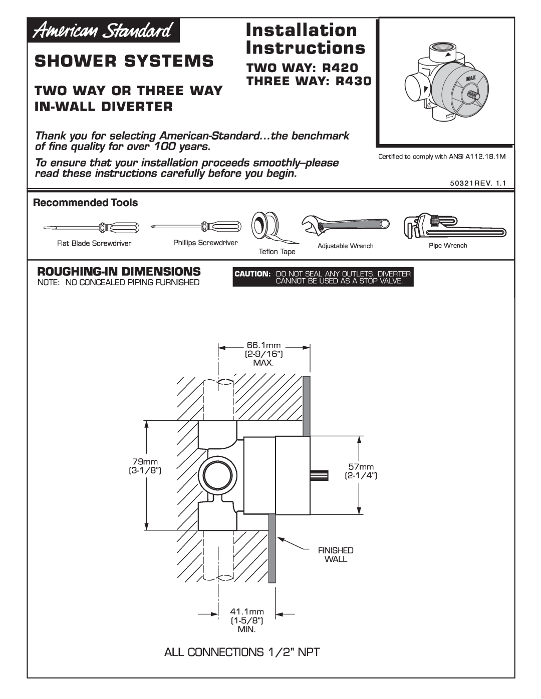 American Standard Shower Systems installation instructions Installation Instructions, TWO WAY R420 THREE WAY R430 