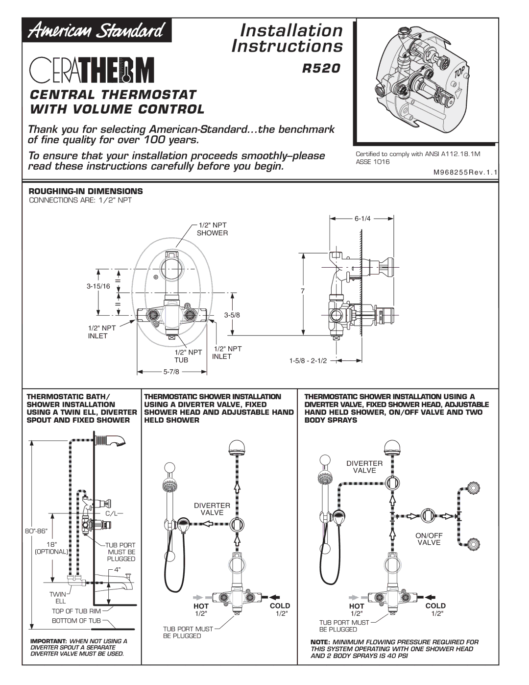 American Standard R520 installation instructions ROUGHING-IN Dimensions, Hotcold 