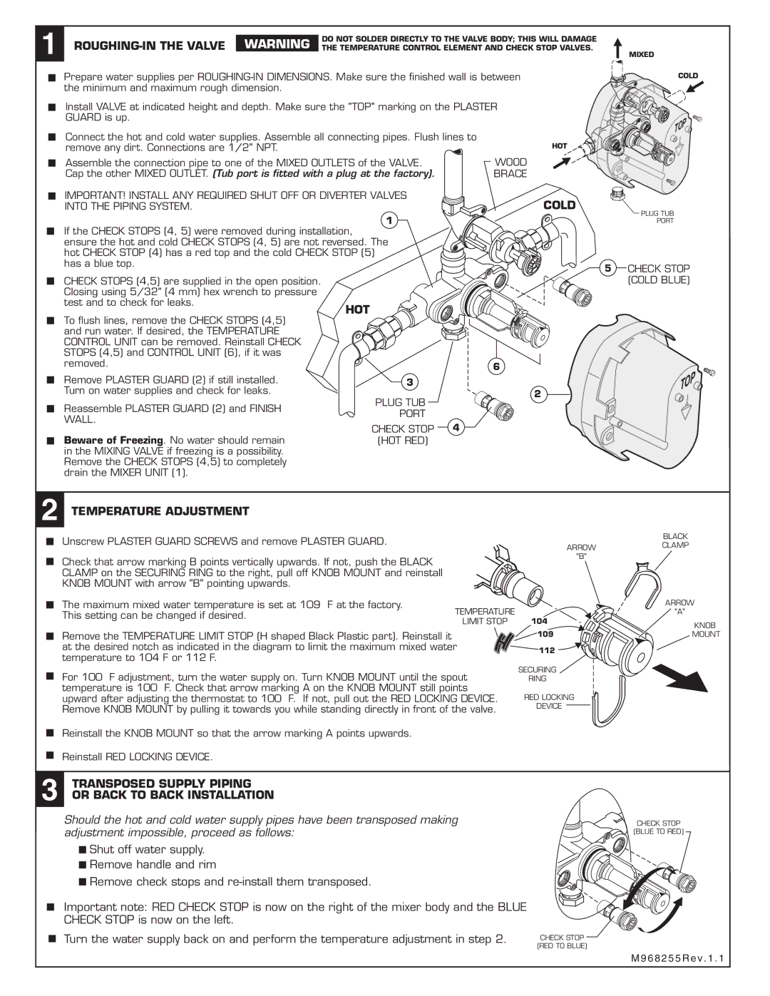 American Standard R520 installation instructions ROUGHING-IN the Valve, Cold, Hot, Temperature Adjustment 