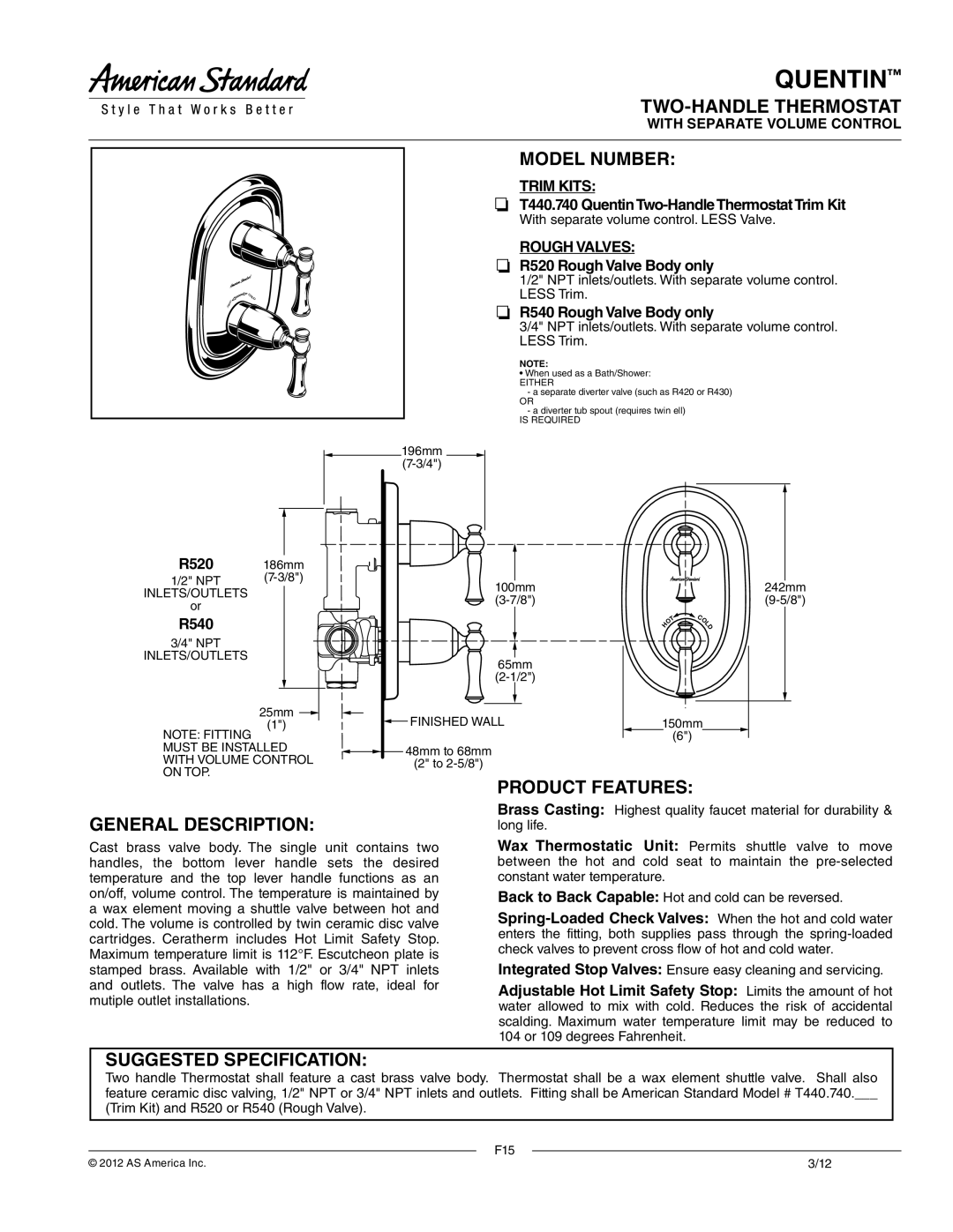 American Standard R520, R540 manual Quentin, TWO-HANDLE Thermostat, Model Number, Product Features General Description 