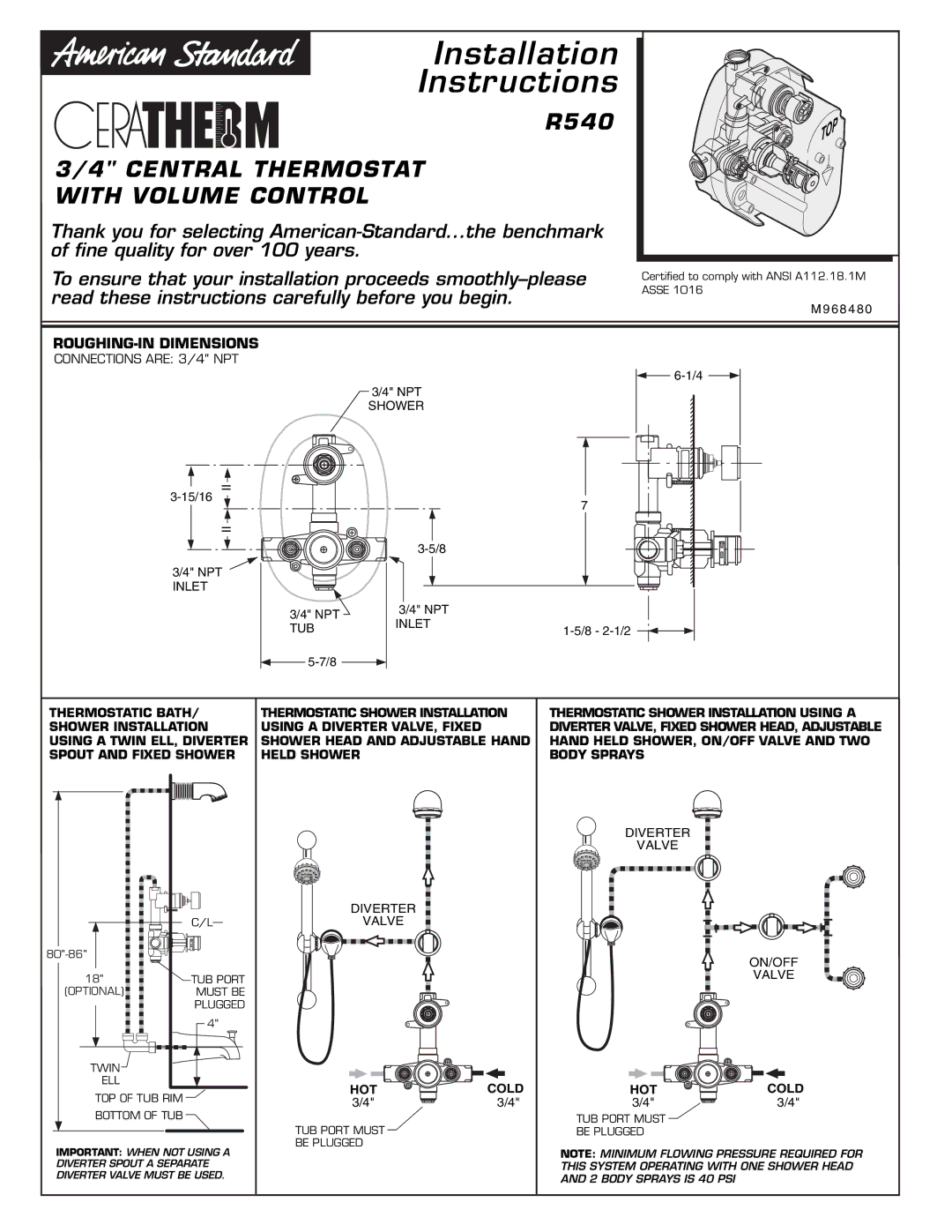 American Standard R540 installation instructions ROUGHING-IN Dimensions, HOT Cold 