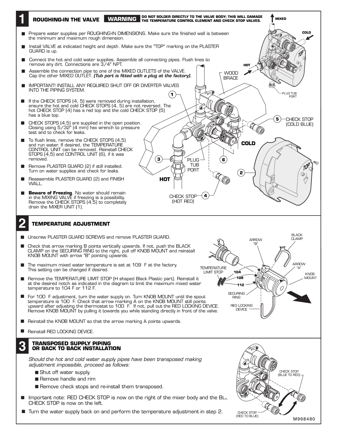 American Standard R540 installation instructions ROUGHING-IN the Valve, Cold, Hot, Temperature Adjustment 