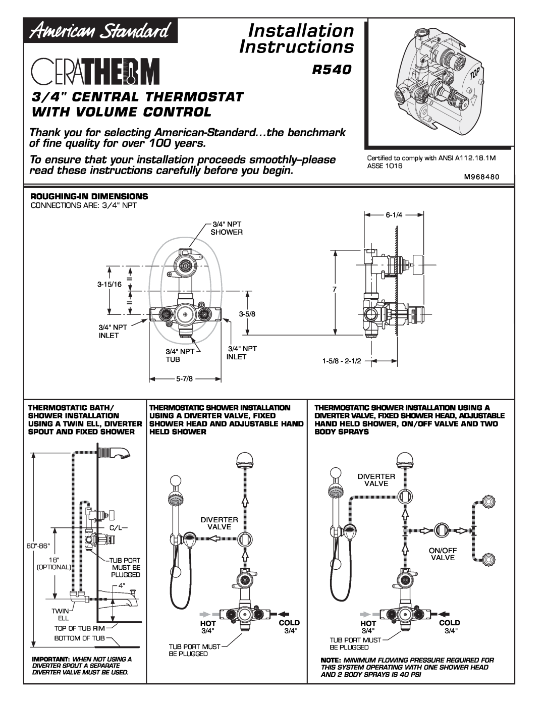 American Standard installation instructions R540 3/4 CENTRAL THERMOSTAT WITH VOLUME CONTROL, Installation Instructions 
