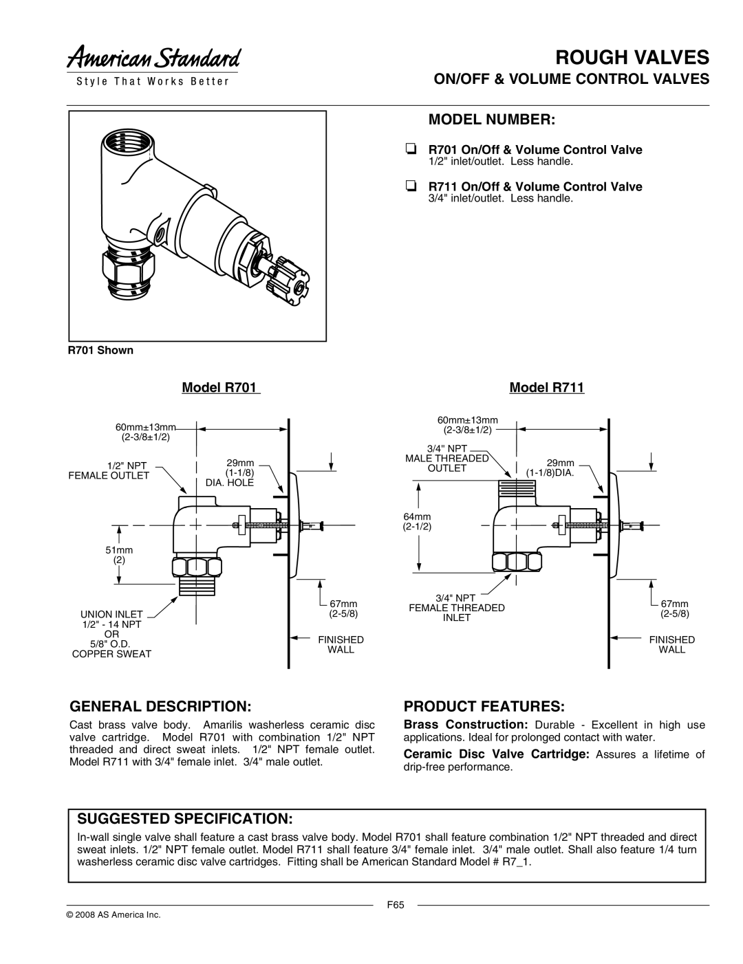 American Standard R701, R711 manual ON/OFF & Volume Control Valves Model Number, General Description, Product Features 