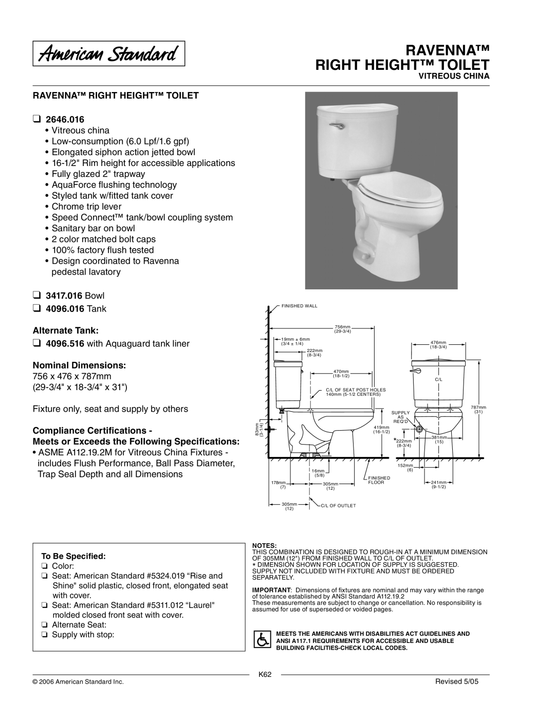 American Standard dimensions Ravenna Right Height Toilet, 2646.016, Bowl Tank Alternate Tank, Nominal Dimensions 