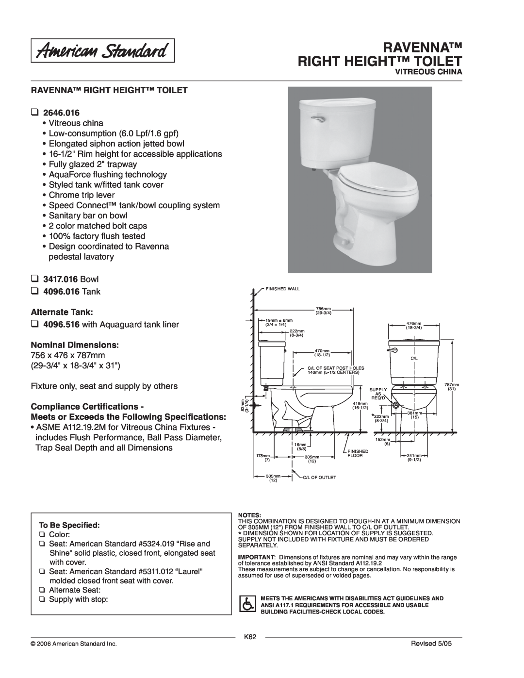 American Standard dimensions Ravenna Right Height Toilet, Bowl 4096.016 Tank Alternate Tank, Nominal Dimensions 