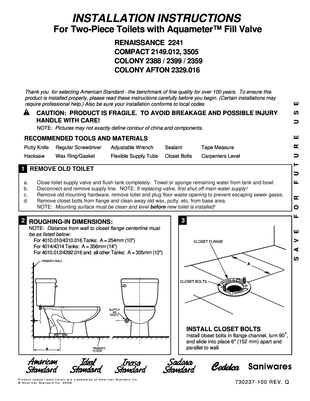 American Standard Colony 2388 installation instructions Handle With Care, U S E, Recommended Tools And Materials, S A V E 