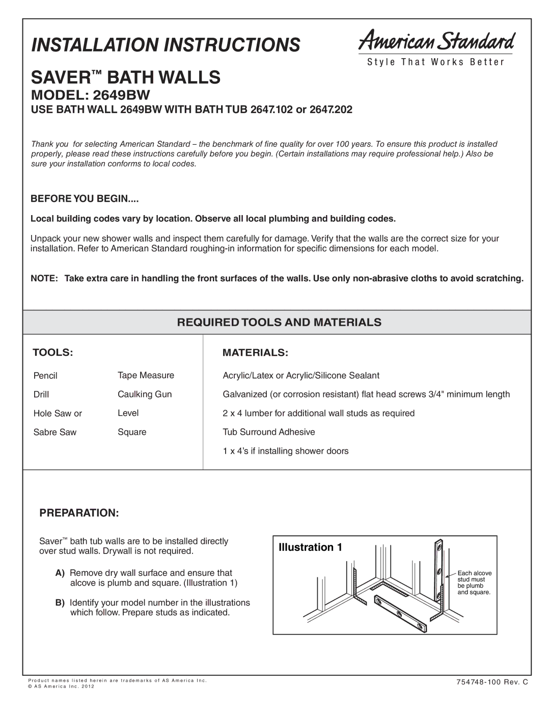 American Standard 2649BW, Saver Bath Walls installation instructions Installation Instructions 