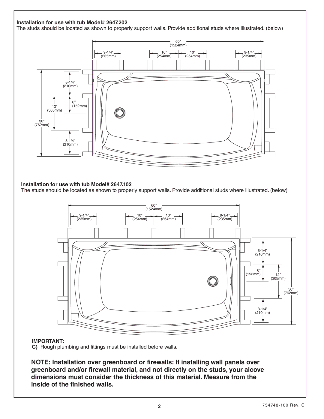 American Standard Saver Bath Walls, 2649BW installation instructions Installation for use with tub Model# 