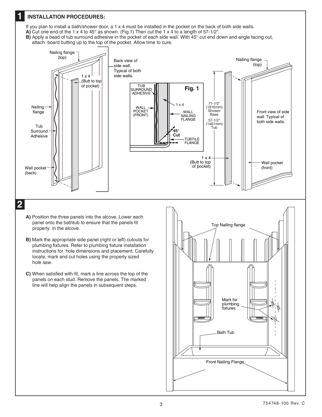 American Standard 2649BW, Saver Bath Walls installation instructions Installation Procedures, Hole saw, Cut 