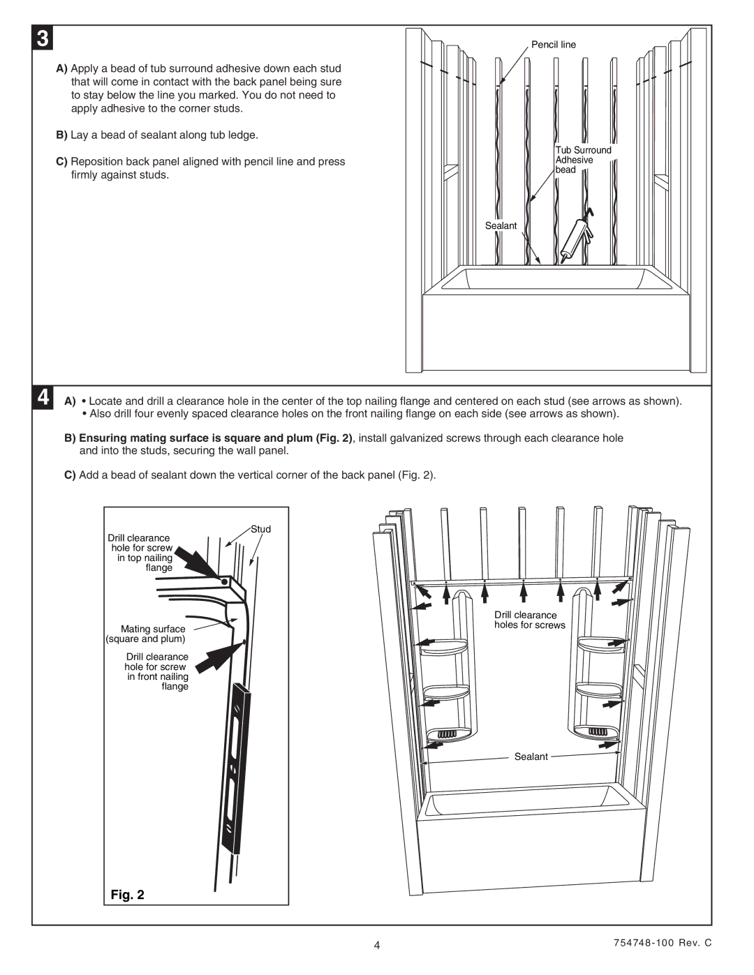 American Standard Saver Bath Walls, 2649BW installation instructions Pencil line Tub Surround Adhesive bead Sealant 