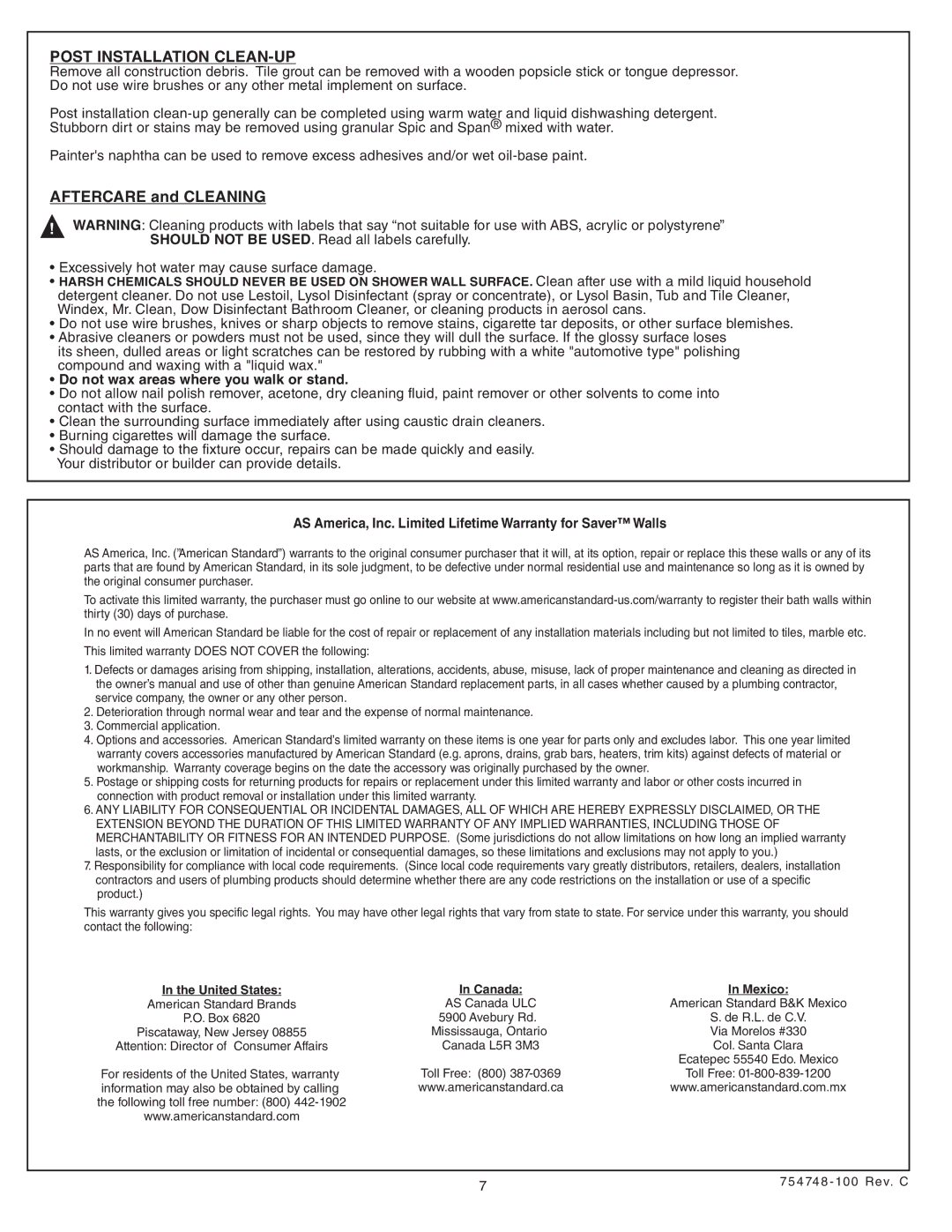 American Standard 2649BW, Saver Bath Walls Post Installation CLEAN-UP, Aftercare and Cleaning, United States 