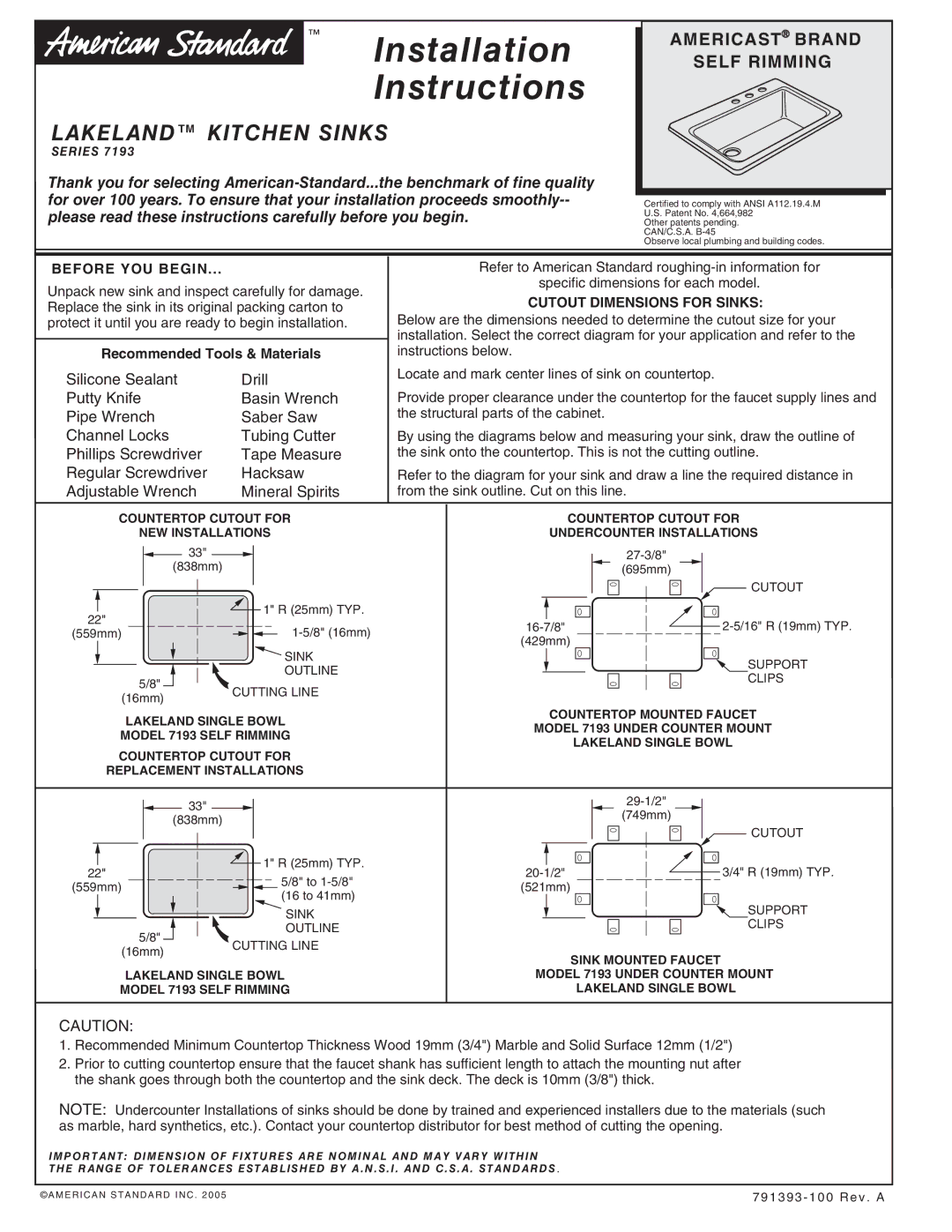 American Standard SERIES 7193 installation instructions Installation Instructions 