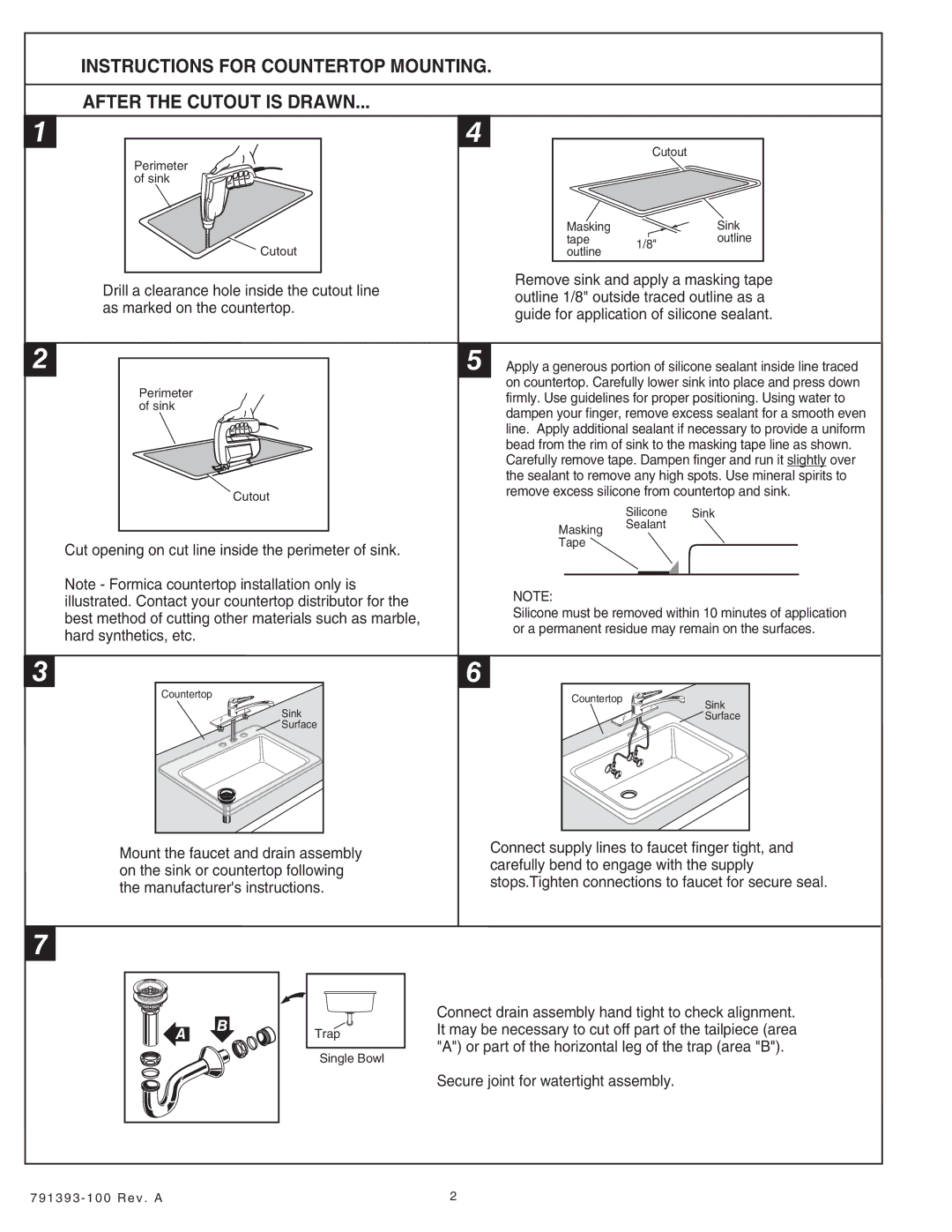 American Standard SERIES 7193 Cut opening on cut line inside the perimeter of sink, Secure joint for watertight assembly 