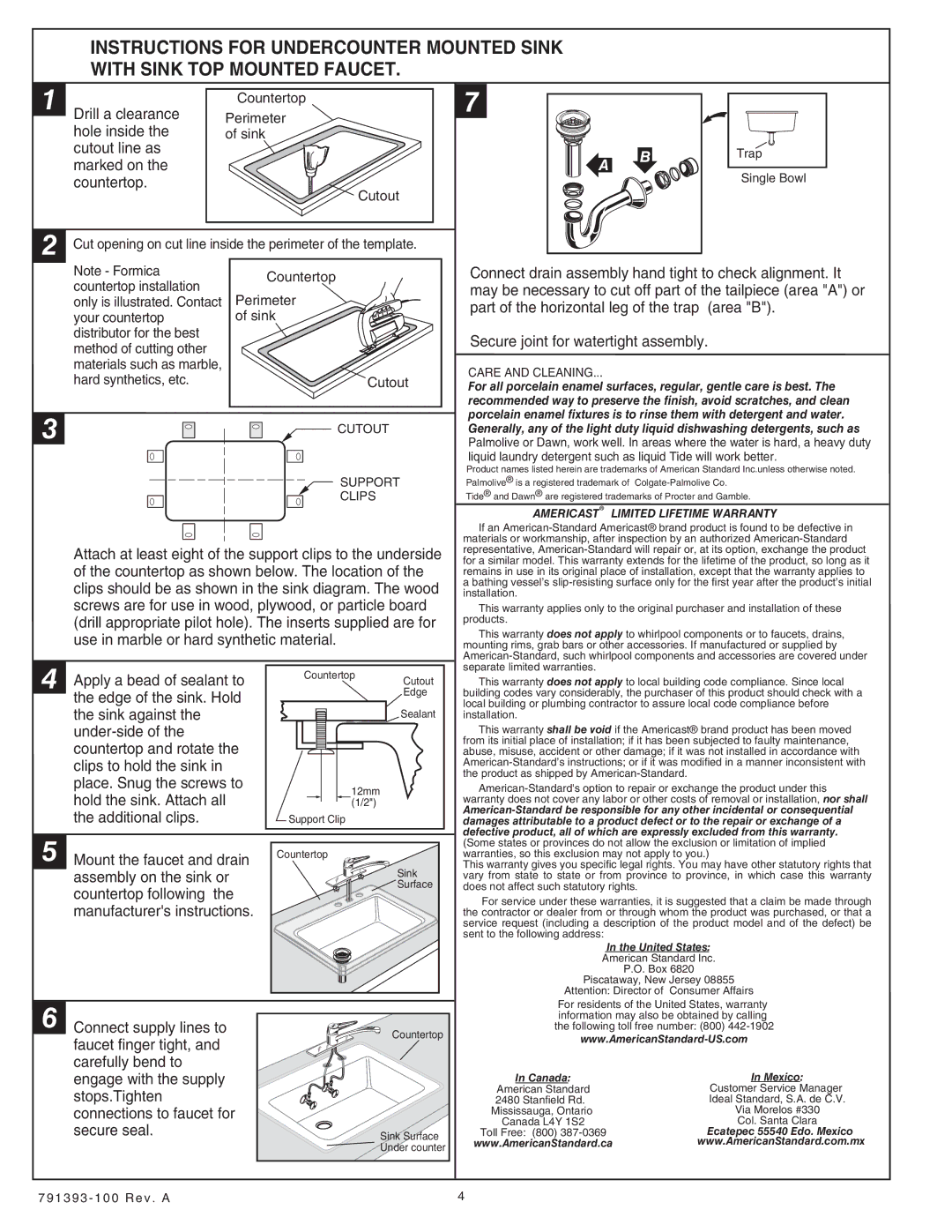 American Standard SERIES 7193 installation instructions Drill a clearance, Hole inside, Cutout line as Marked on Countertop 