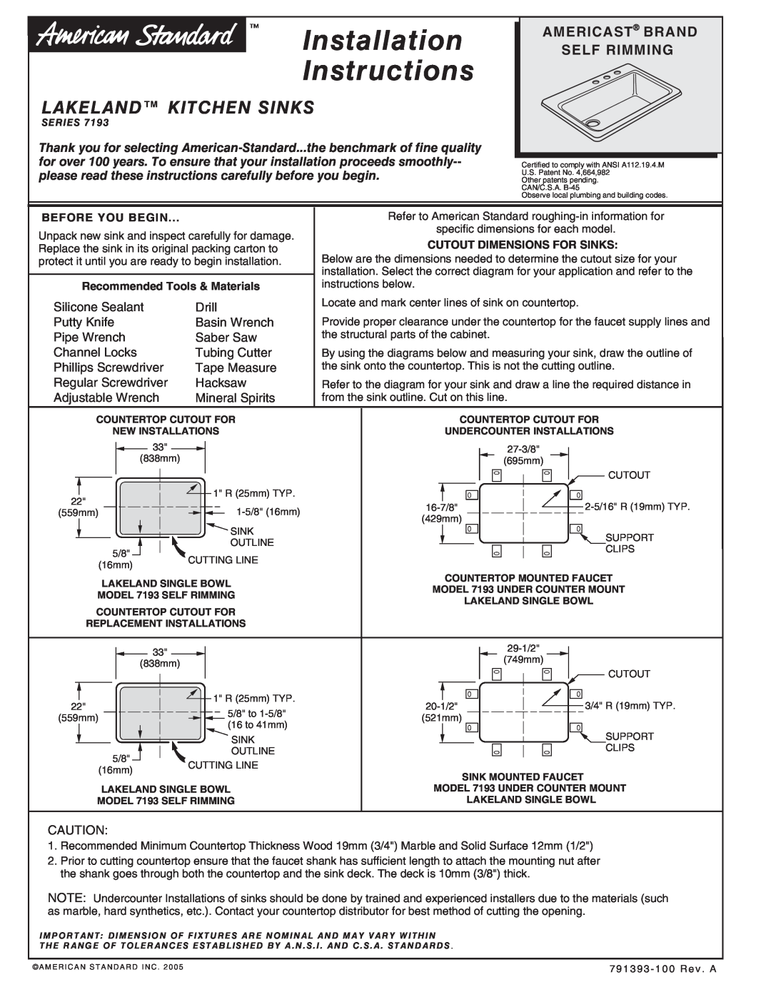 American Standard SERIES 7193 installation instructions Installation Instructions, Lakeland Kitchen Sinks 
