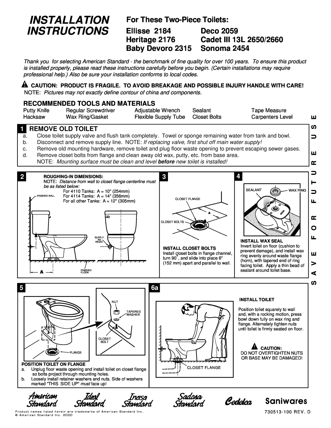 American Standard 2059 installation instructions Installation Instructions, Saniwares, For These Two-PieceToilets, Ellisse 