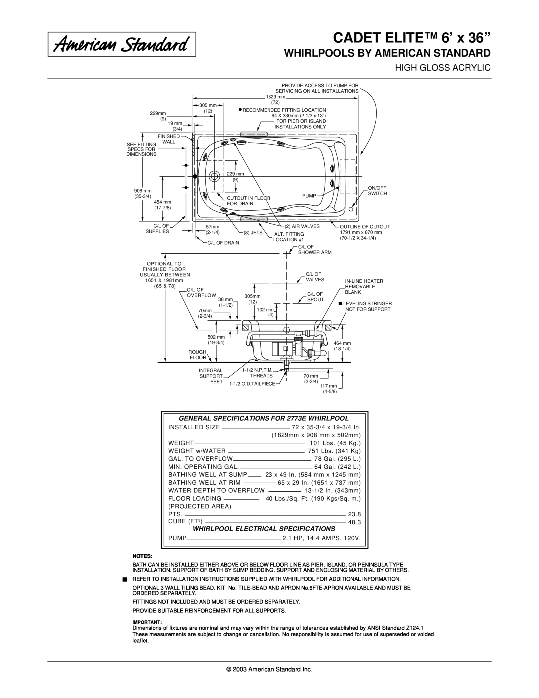 American Standard SPS 2773E CADET ELITE 6’ x 36”, Whirlpools By American Standard, Whirlpool Electrical Specifications 