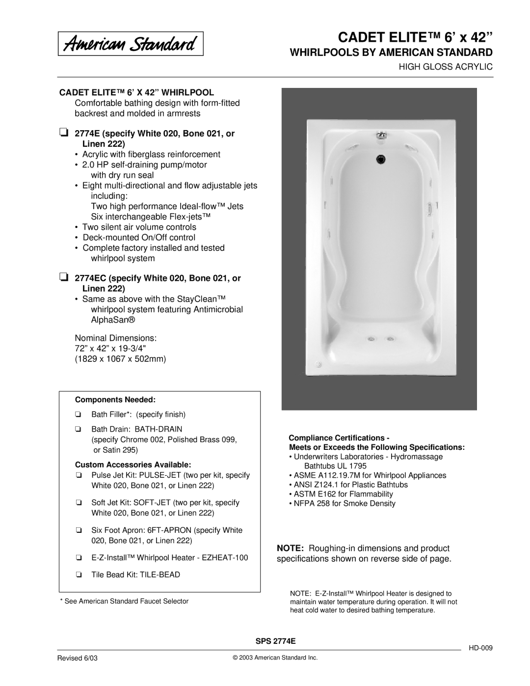 American Standard 2774EC dimensions Components Needed, Custom Accessories Available, SPS 2774E 