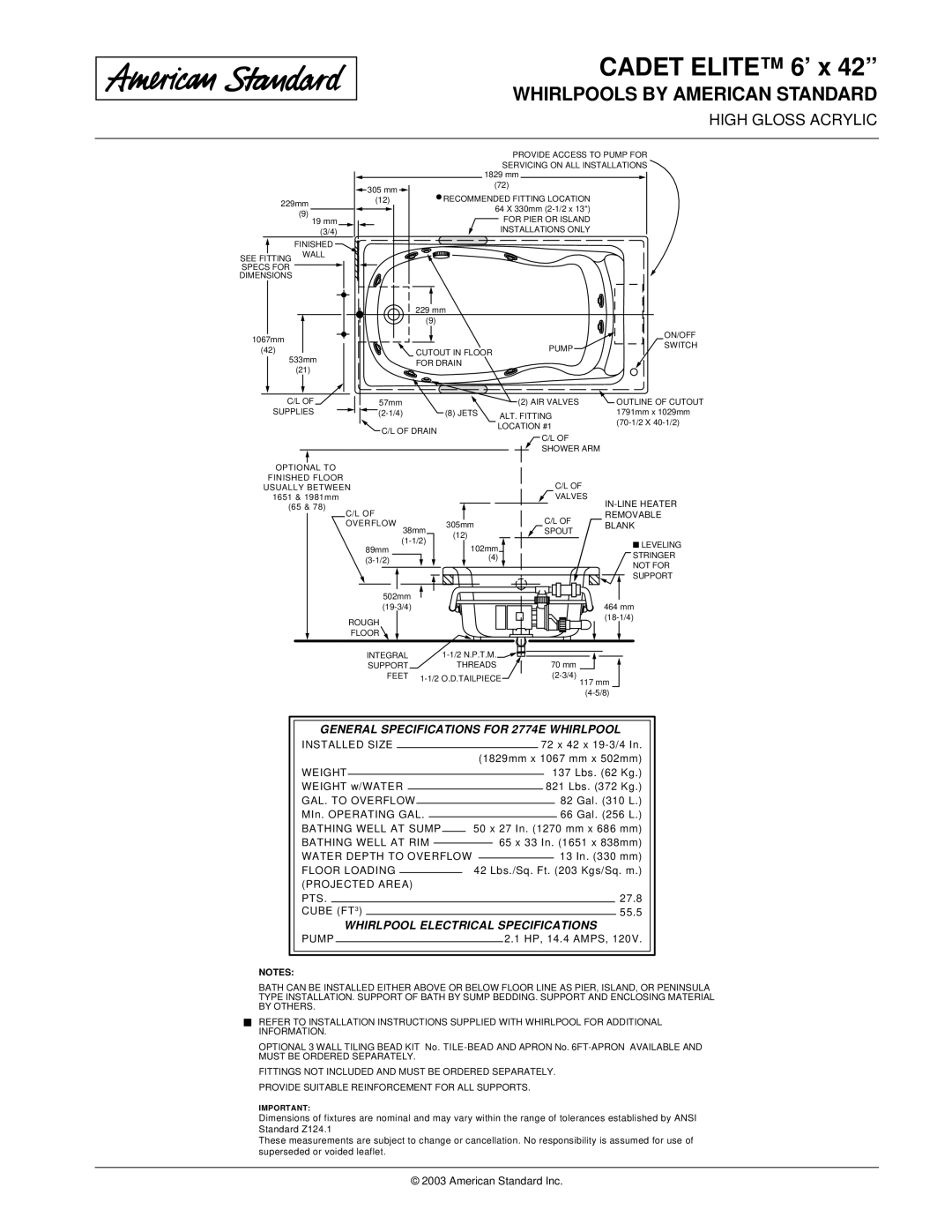 American Standard SPS 2774E, 2774EC General Specifications for 2774E Whirlpool, Whirlpool Electrical Specifications 