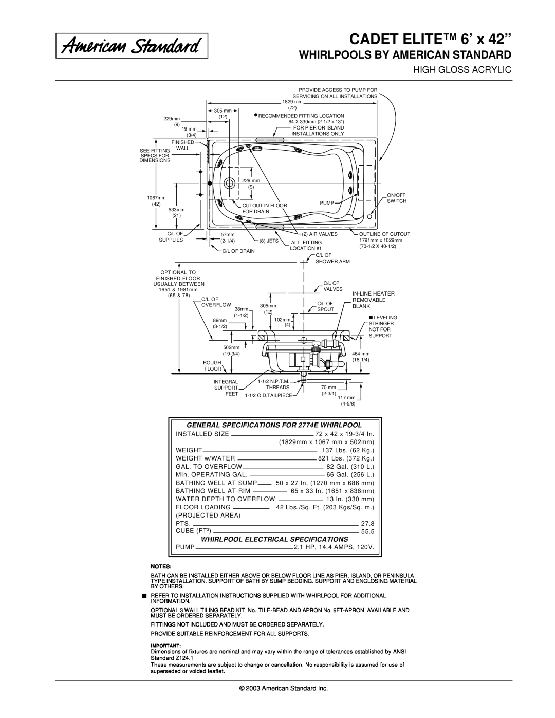 American Standard SPS 2774E CADET ELITE 6’ x 42”, Whirlpools By American Standard, Whirlpool Electrical Specifications 