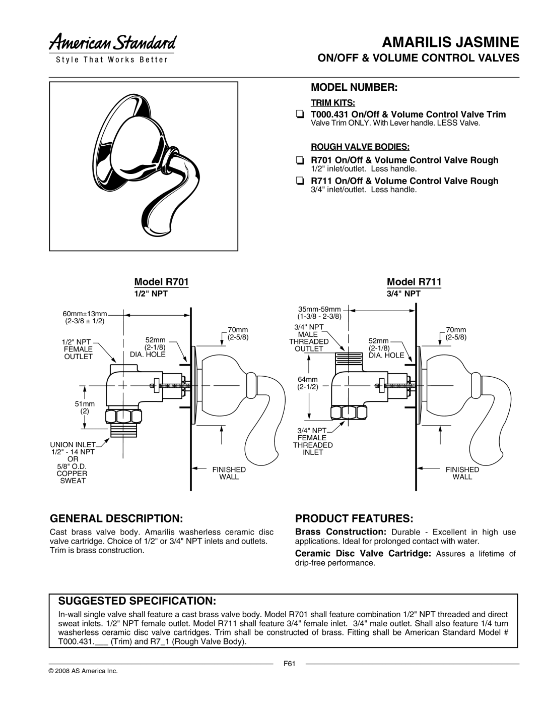 American Standard T000.431 manual ON/OFF & Volume Control Valves Model Number, General Description, Trim Kits 