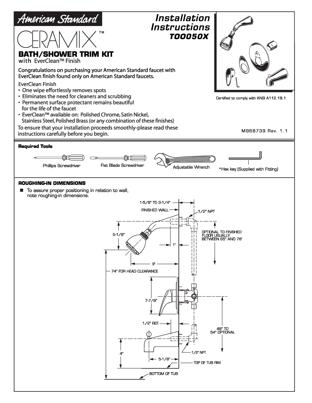 American Standard T00050X manual 