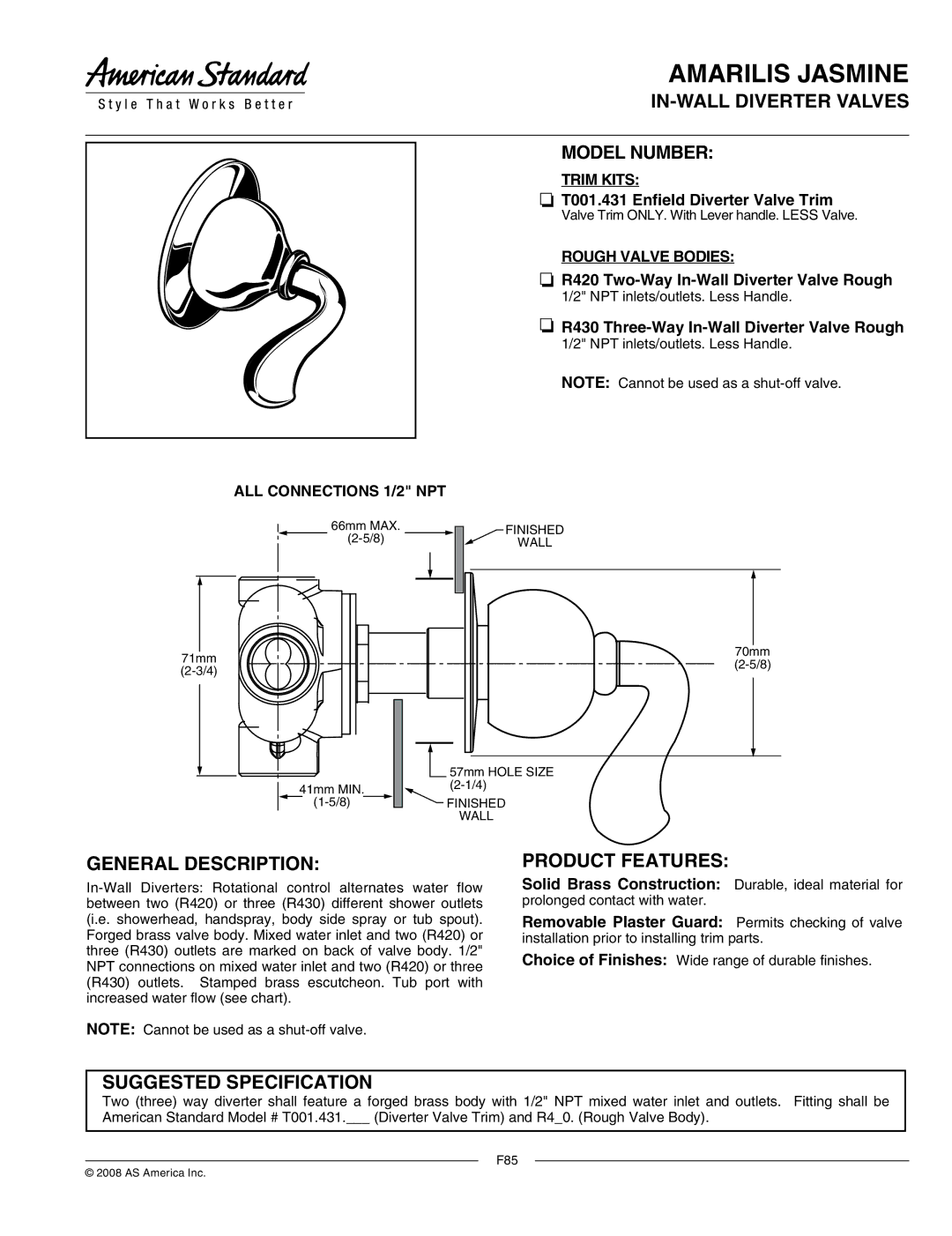 American Standard T001.431 manual IN-WALL Diverter Valves Model Number, General Description, Product Features 