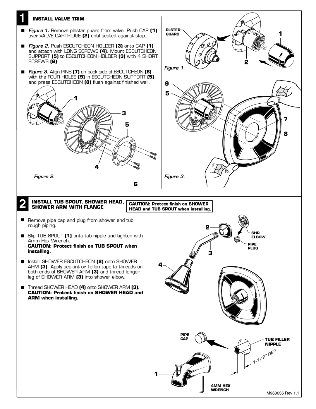 American Standard T005.5XX dimensions Install Valve Trim, Install TUB SPOUT, Shower HEAD, Shower ARM with Flange 