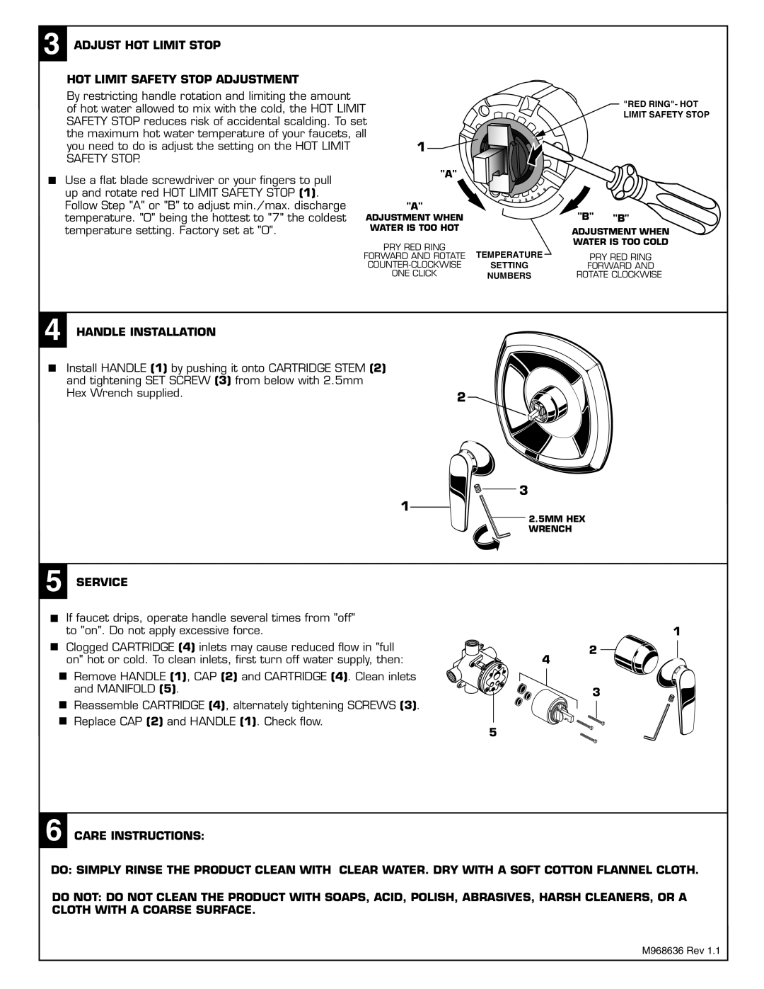 American Standard T005.5XX dimensions Adjust HOT Limit Stop HOT Limit Safety Stop Adjustment, Handle Installation, Service 