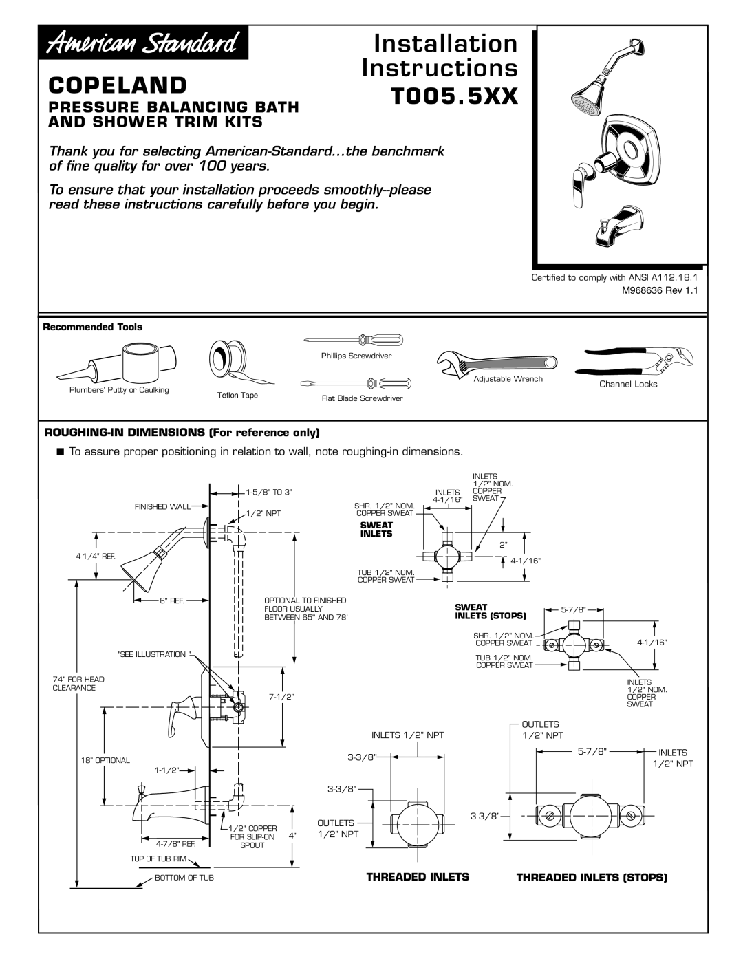 American Standard T005.5XX dimensions Copeland, Installation, Instructions, Pressure Balancing Bath, And Shower Trim Kits 