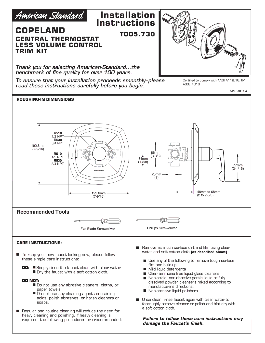 American Standard T005.730 installation instructions Recommended Tools, ROUGHING-IN Dimensions, Care Instructions, Do not 