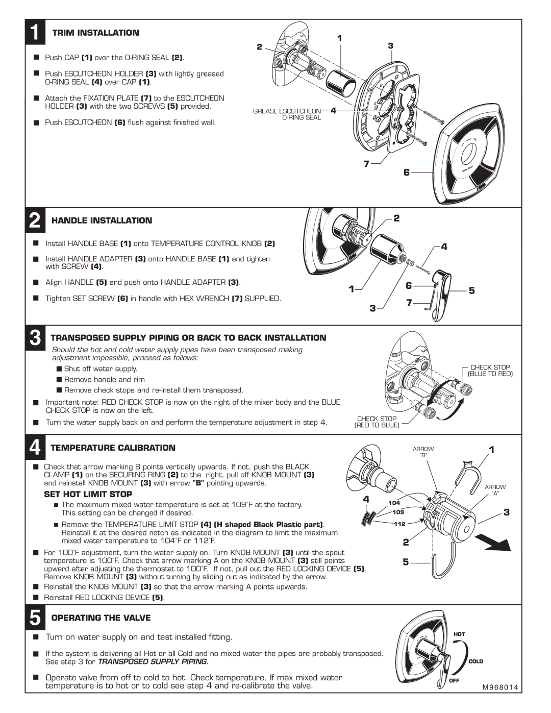 American Standard T005.730 Trim Installation, Handle Installation, Transposed Supply Piping or Back to Back Installation 