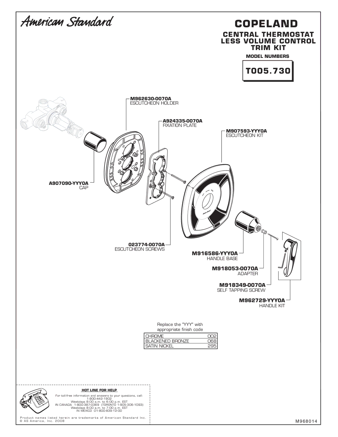 American Standard T005.730 Escutcheon Holder, Fixation Plate, Escutcheon KIT, Cap, Escutcheon Screws, Handle Base, Adapter 