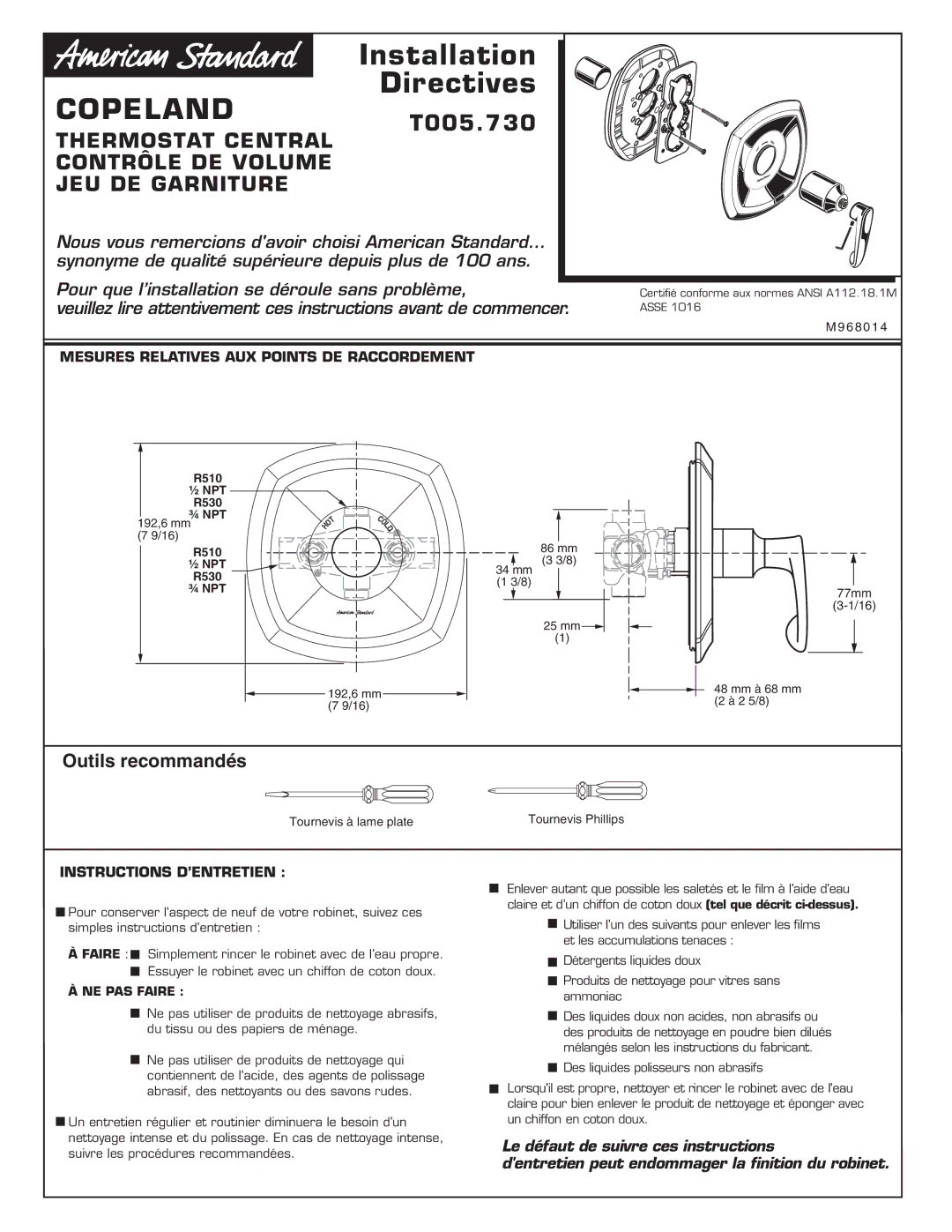 American Standard T005.730 Outils recommandés, Mesures Relatives AUX Points DE Raccordement, Instructions D’ENTRETIEN 