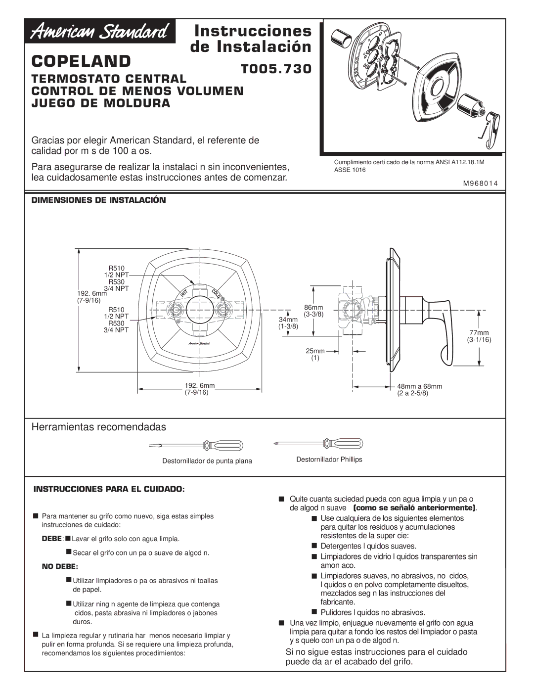 American Standard T005.730 Herramientas recomendadas, Dimensiones DE Instalación, Instrucciones Para EL Cuidado 