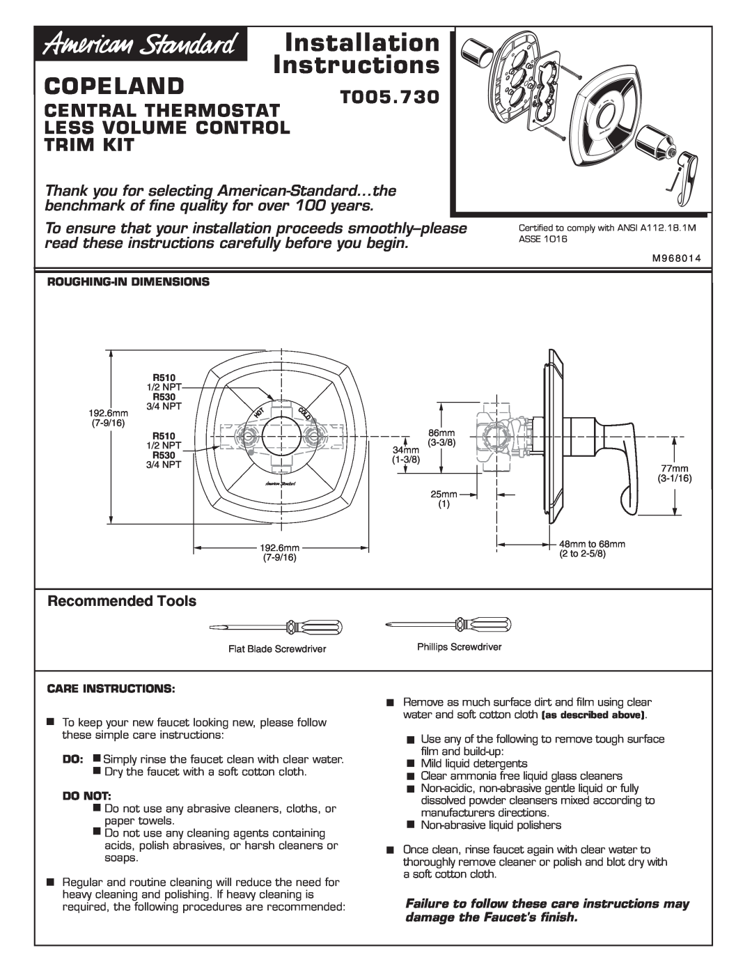 American Standard installation instructions COPELANDT005.730, Central Thermostat Less Volume Control Trim Kit 