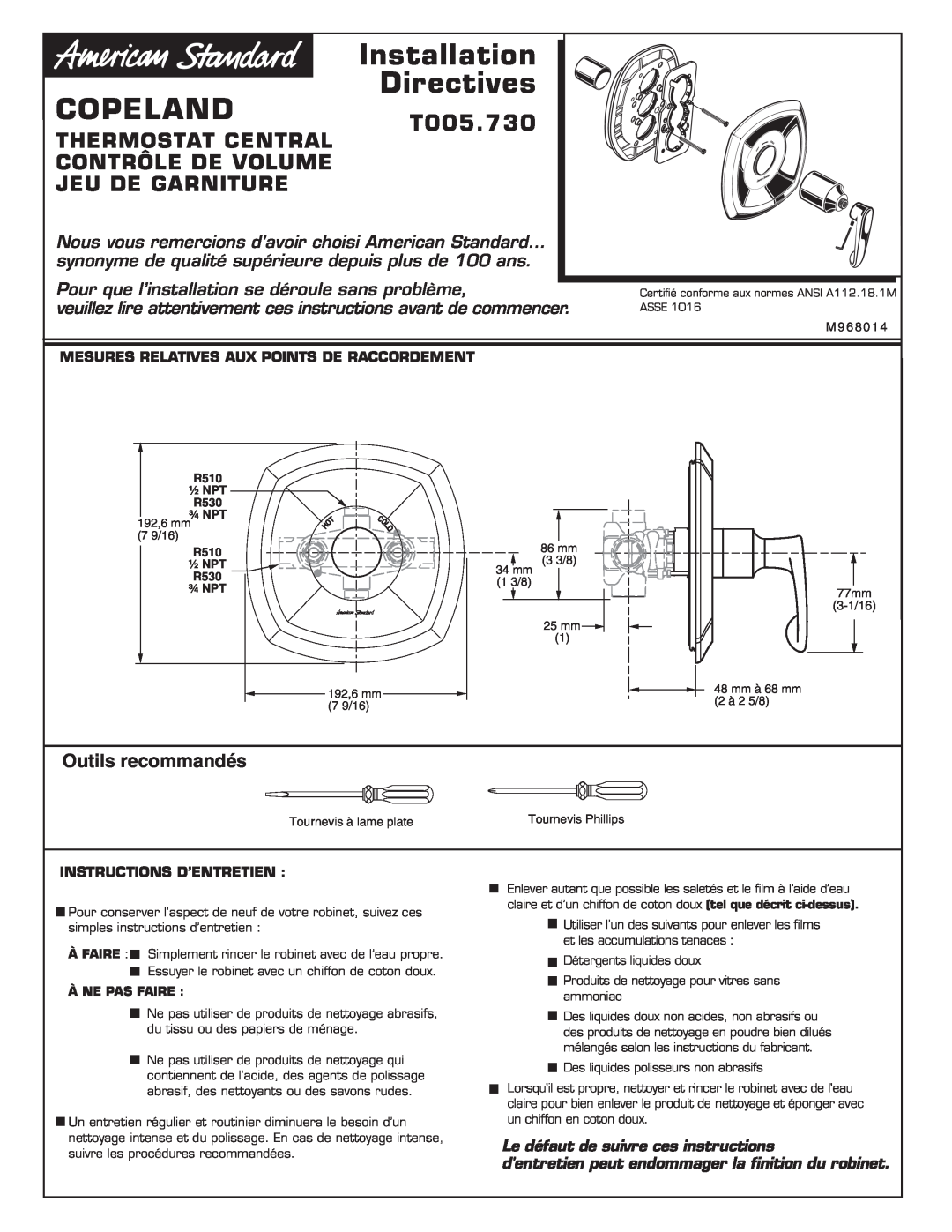 American Standard Installation Directives COPELANDT005.730, Thermostat Central Contrôle De Volume Jeu De Garniture 